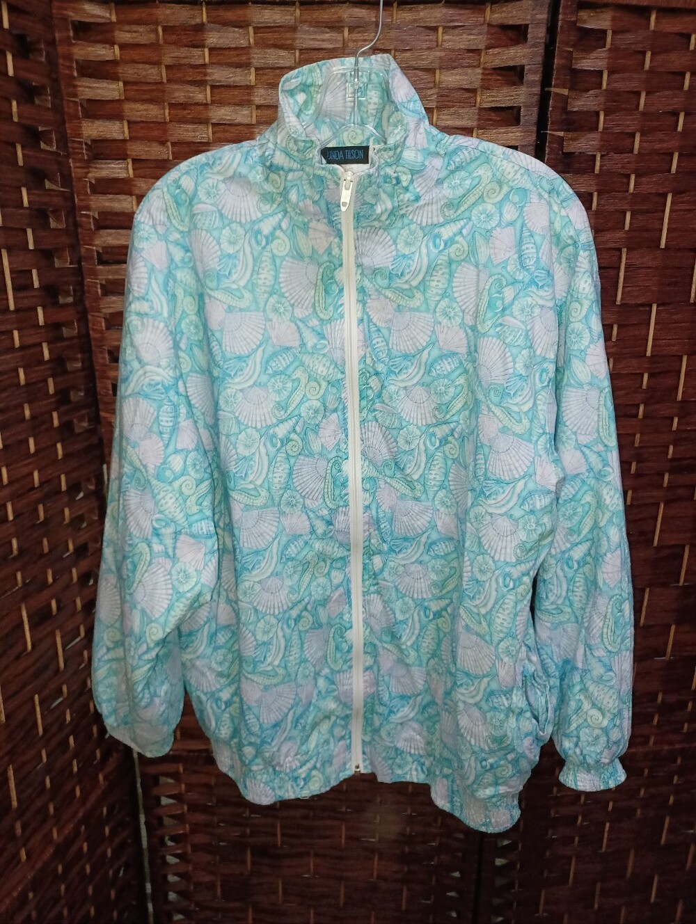 Aqua Shell-Print Zip Windbreaker Jacket